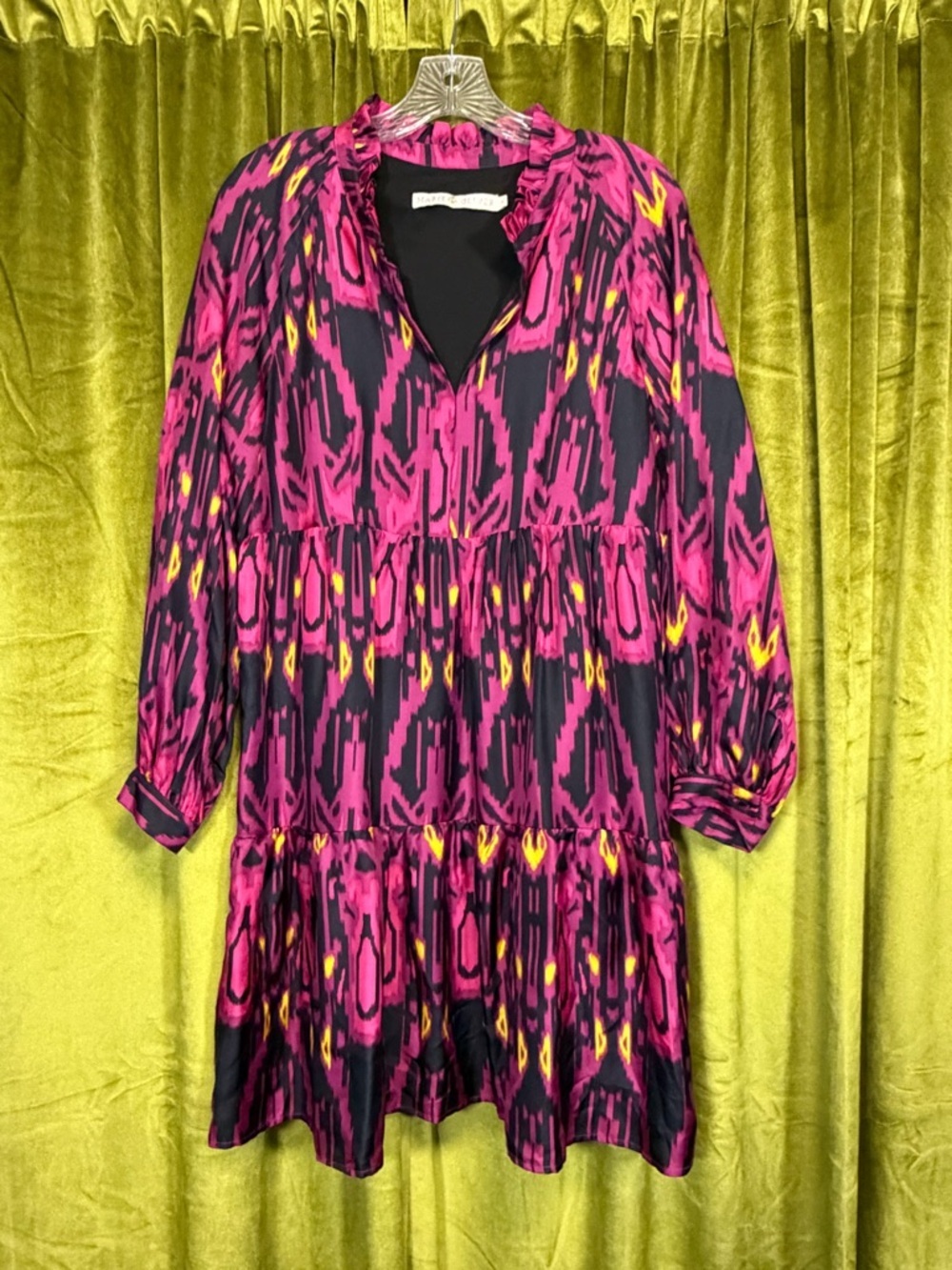 Marie Oliver Pink Ikat Print 100% Silk Tiered Mini Babydoll dress Small $375